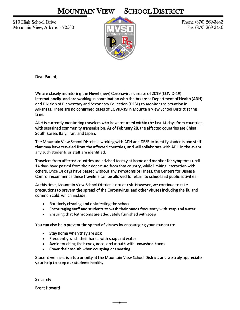 Mountain View School District Letter to Parents on COVID-19